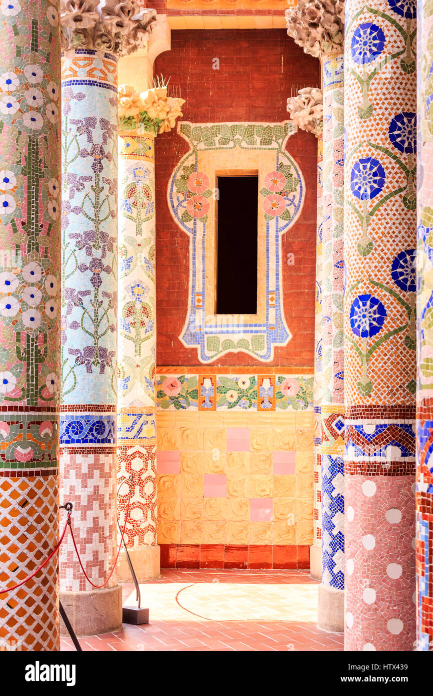 Window with columns on balcony of Palau de la Musica, Barcelona, Spain Stock Photo