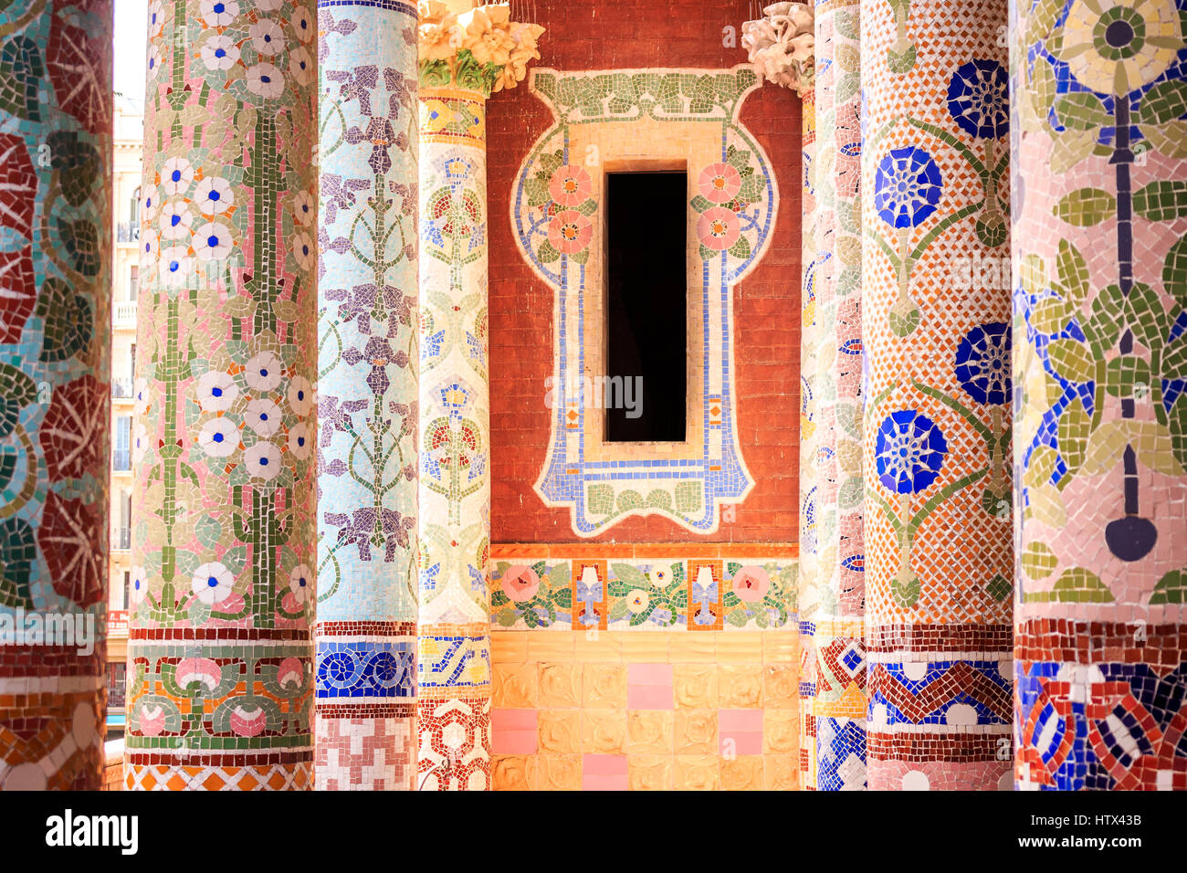 Window with columns on balcony of Palau de la Musica, Barcelona, Spain Stock Photo