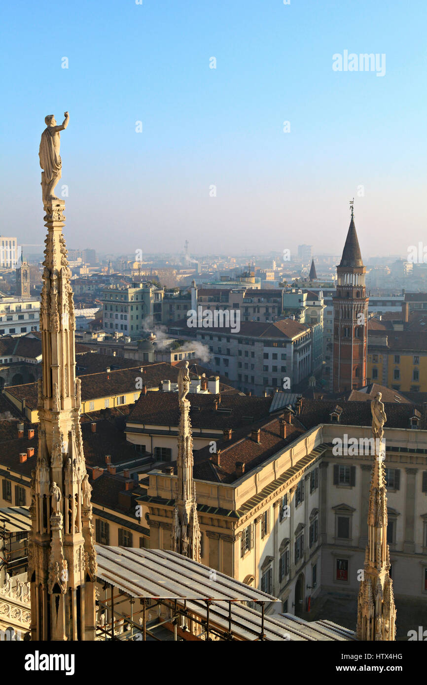 View over Milan from the top of the gothic cathedral Duomo di Milano (Milan Cathedral) Italy. Stock Photo
