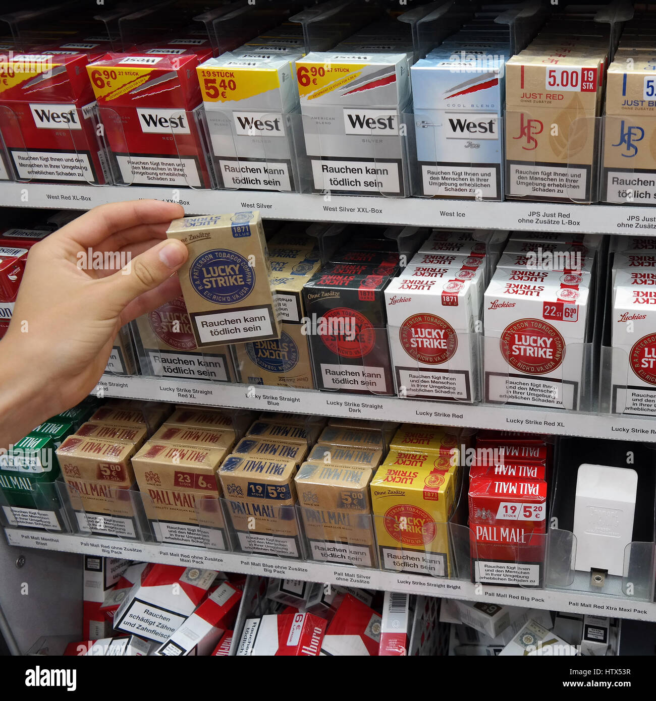 Boxes of cigarettes in a Marktkauf Hypermarket. Stock Photo