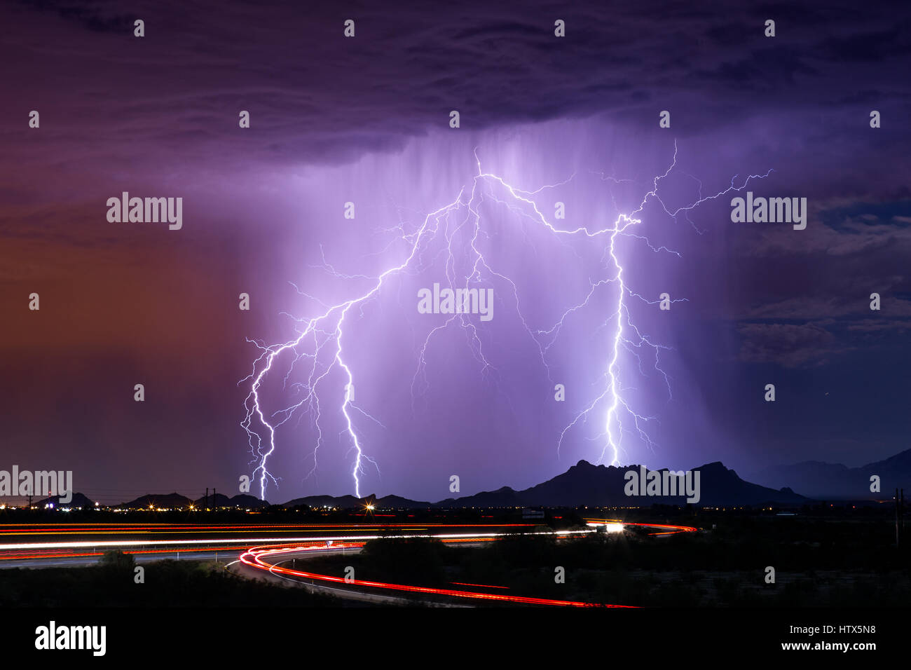 Lightning strikes during a storm in Tucson, Arizona Stock Photo