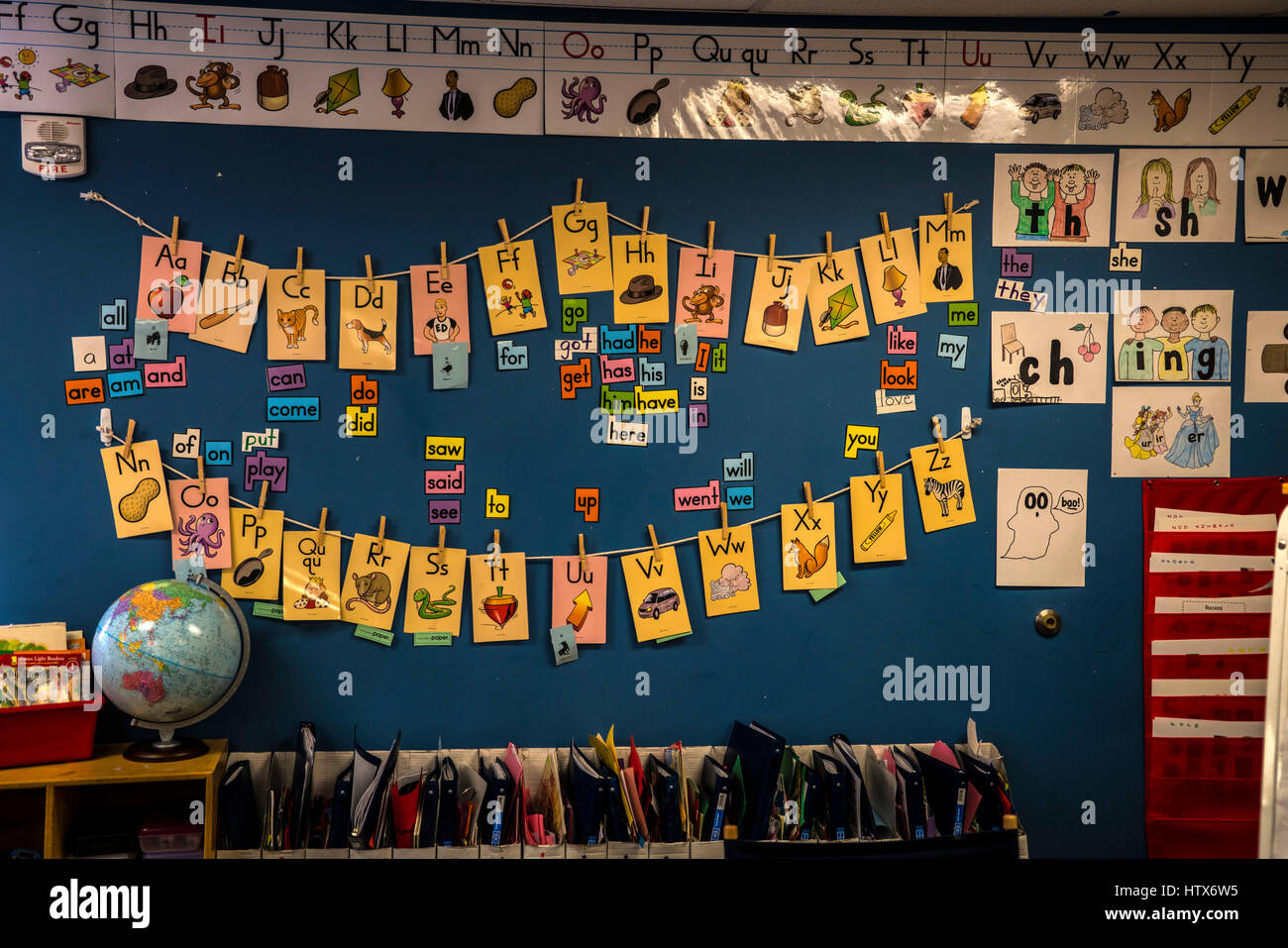 Kindergarten classroom showing teaching aids and alphabet cards Stock Photo