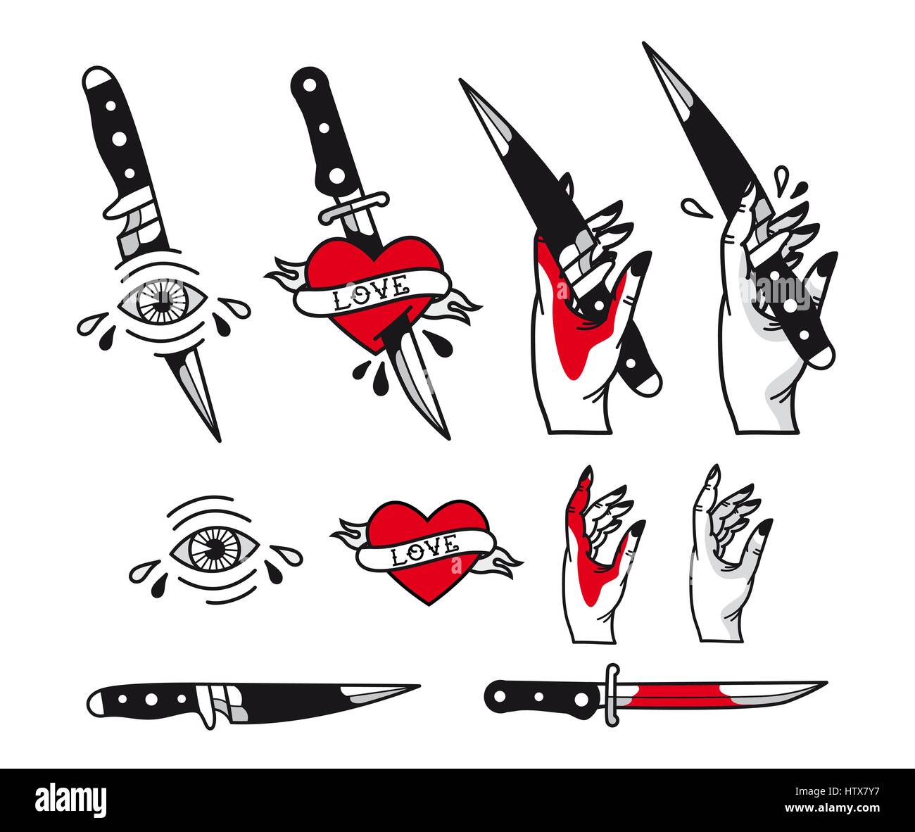 Vector traditional tattoo style set - hearts, knife, eye, hand, ribbons.  Vintage ink old school tattooing Stock Vector Image & Art - Alamy