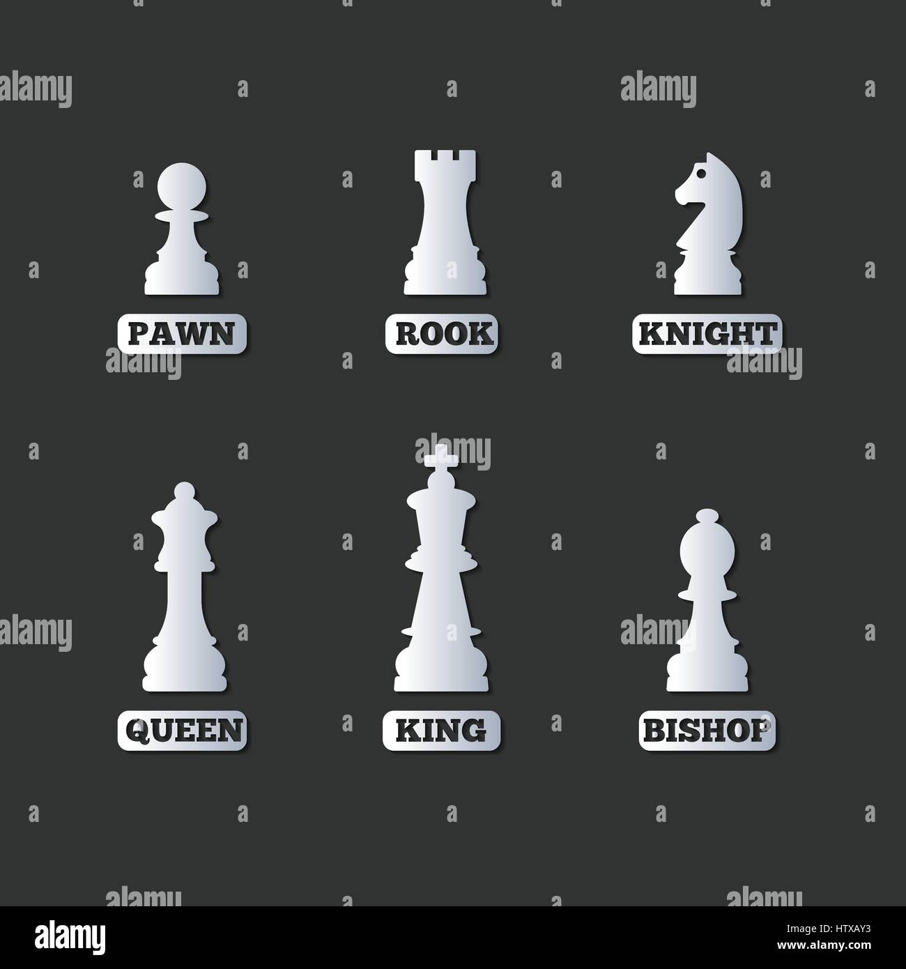 Black chess pieces with names Stock Vector