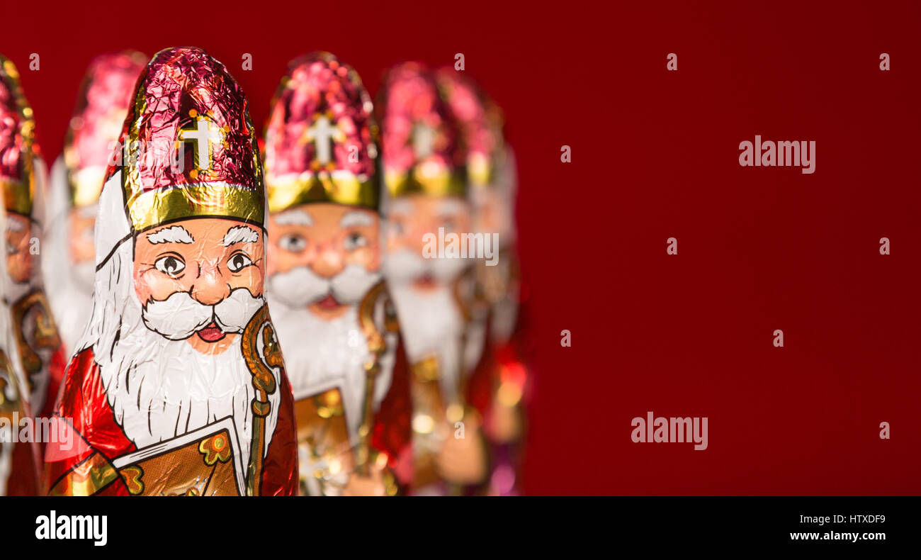 Close-up of Sinterklaas. Saint  Nicholas chocolate figurine of  Dutch character of Santa Claus. With copy space. Stock Photo