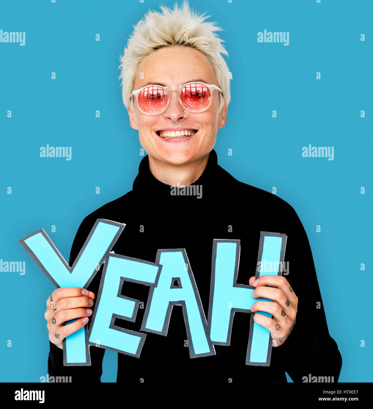 Yeah Woman Woman Smiling Happiness Holding Comic Word Yeah Portrait Stock Photo ...