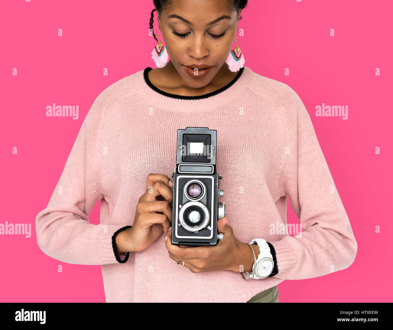 African Woman Camera Photographing Classic Retro Studio Portrait Stock ...