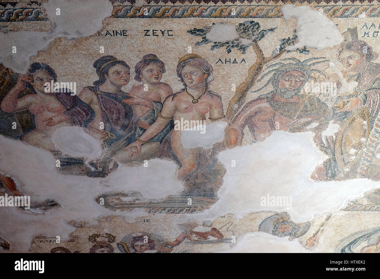 Mosaic in the House of Aion, Nea Pafos, Cyprus shows Leda and her attendant maids Stock Photo