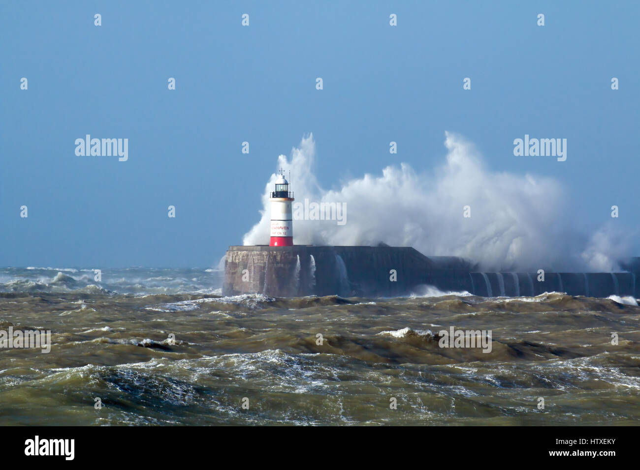 Newhaven Lighthouse in East Sussex, England, during Storm Doris in February 2017 Stock Photo