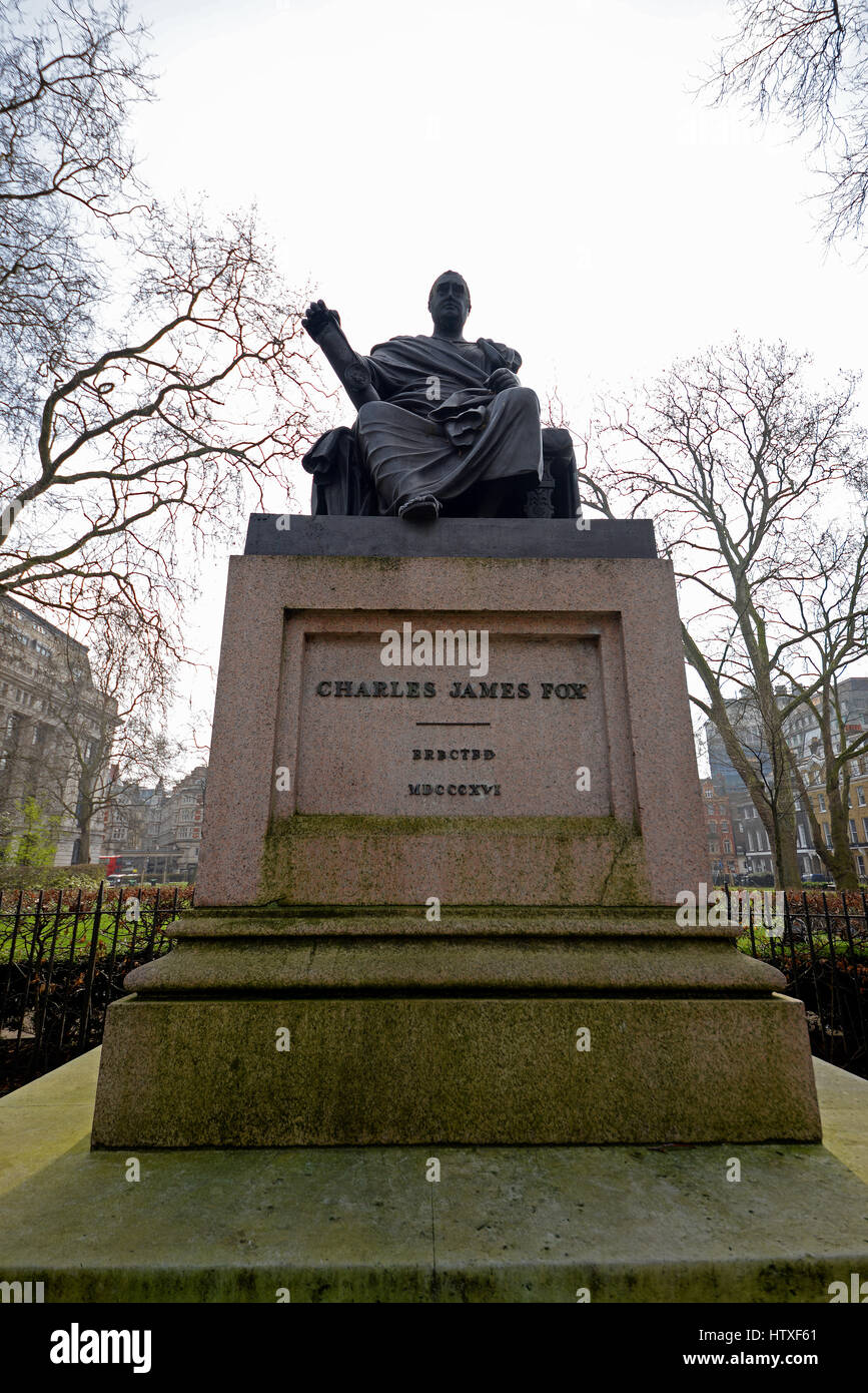 Charles James Fox Statue, Bloomsbury Square, a bronze statue by Richard Westmacott. Space for copy Stock Photo