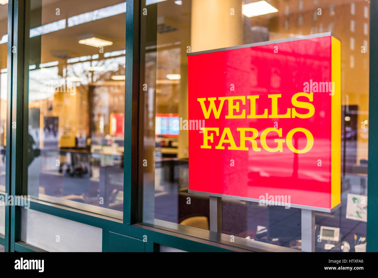 Washington DC, USA - March 4, 2017: Wells Fargo bank entrance with sign Stock Photo