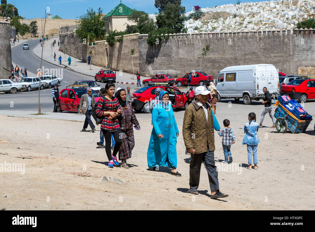 Fes, Morocco.  People Walking toward the Bab Mahrouk Entrance to the Medina. Stock Photo