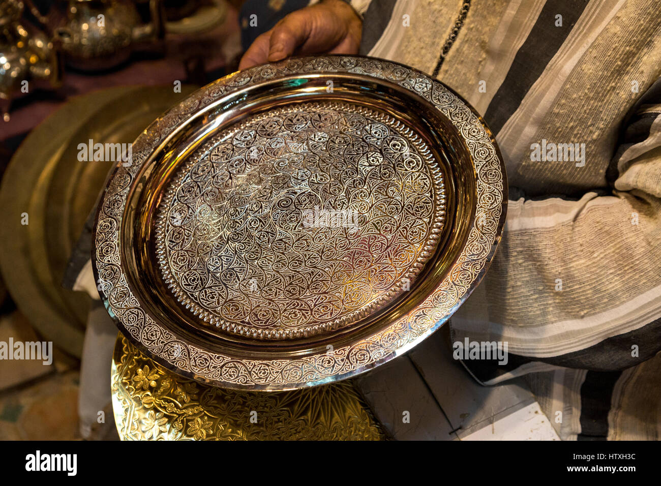 Fes, Morocco.  Tray with Metalworker's Design. Stock Photo
