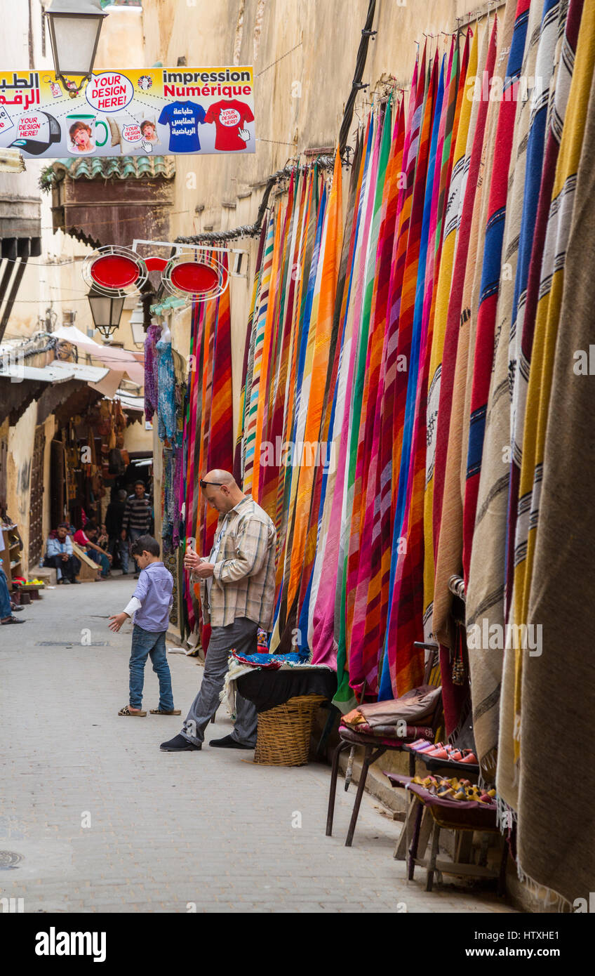 Fes, Morocco. Fabric for Sale in Tala'a Seghira Street, in the Medina, Fes ElBali Stock Photo