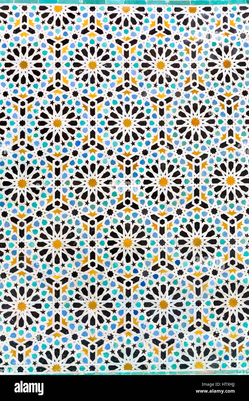 Fes, Morocco.  Attarine Medersa, 14th. Century.  Geometric Mosaic Tile Design. Stock Photo