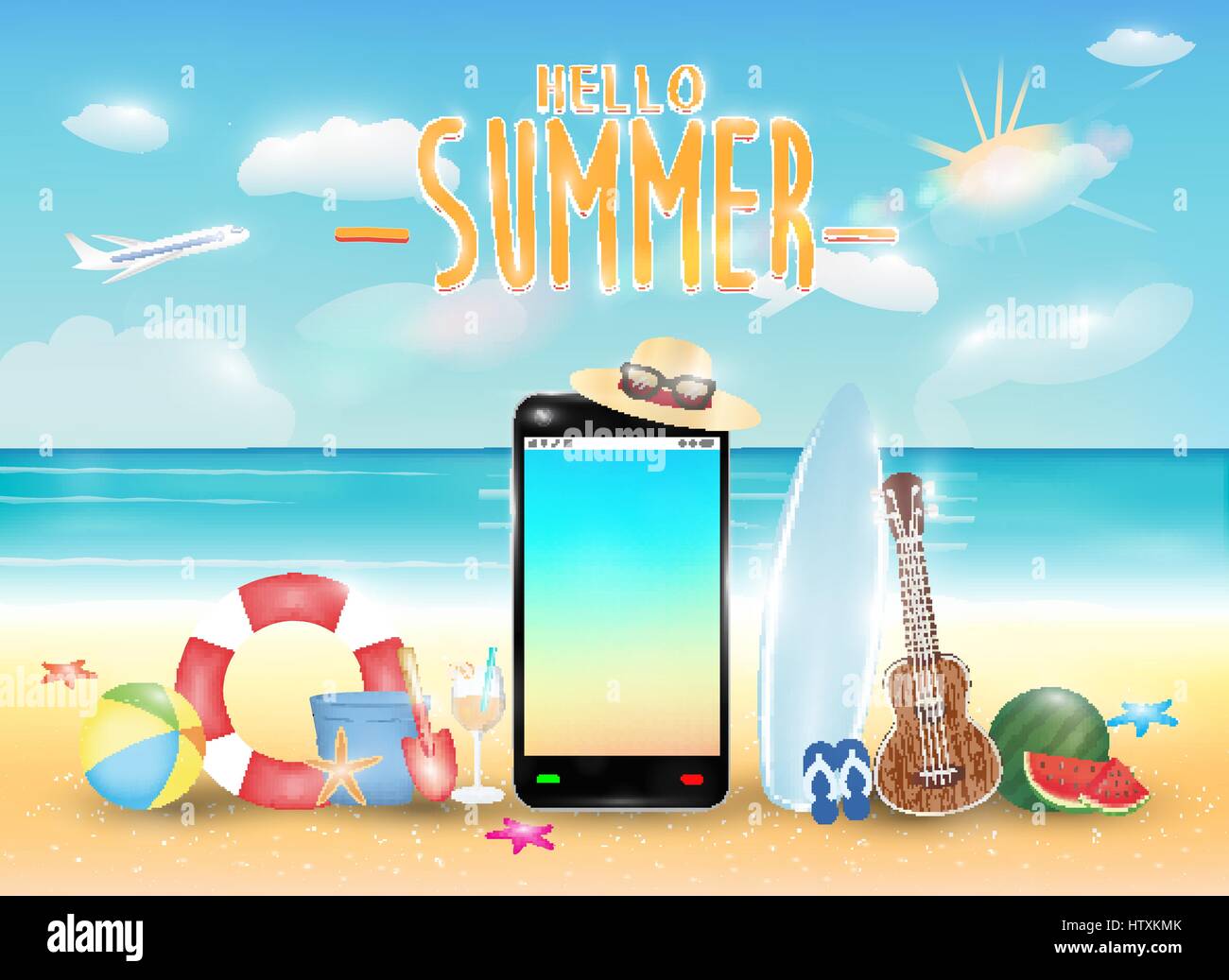 smartphone and summer object with bright summer sea beach Stock Vector
