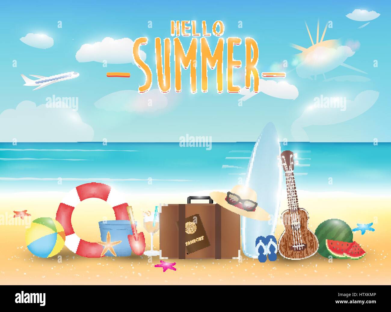 bright summer sea beach with summer object Stock Vector