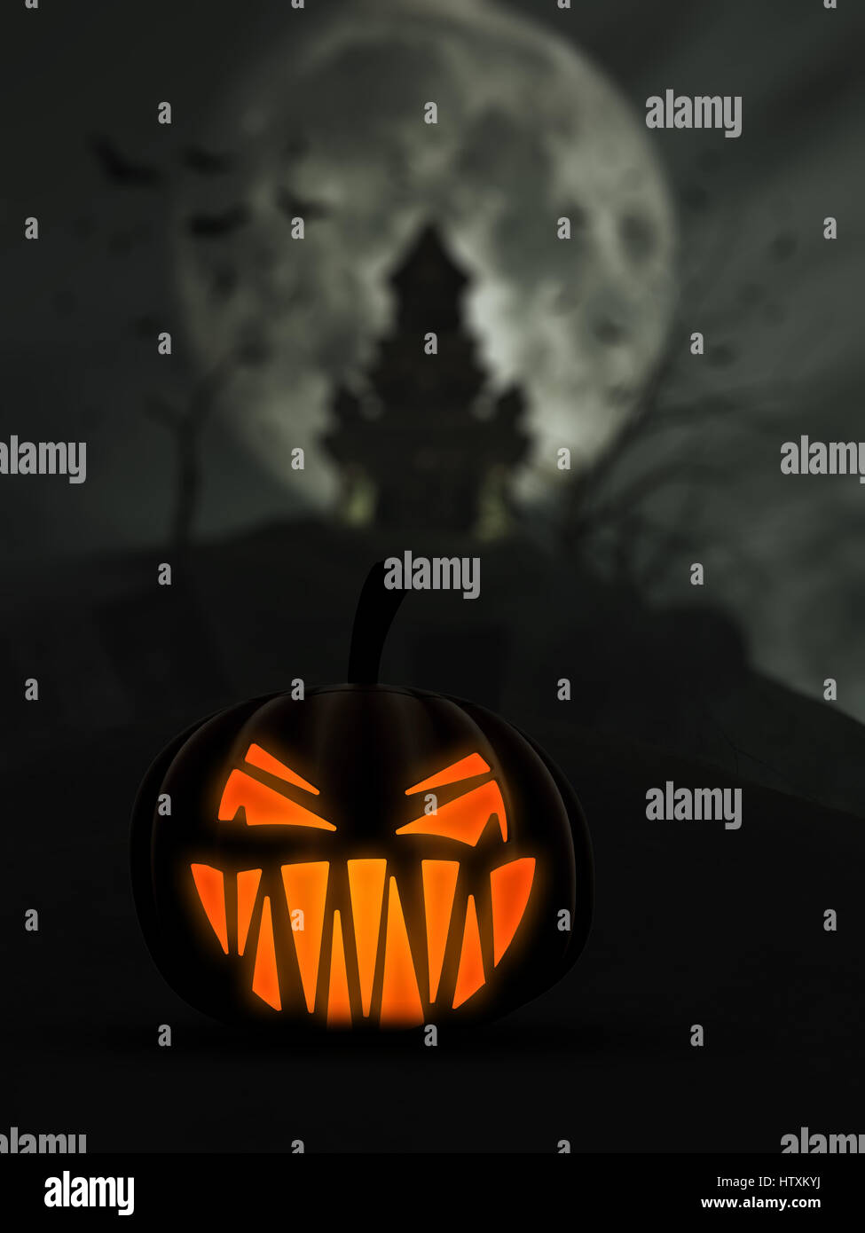 3D Halloween background with scary Jack o Lantern and castle in the ...