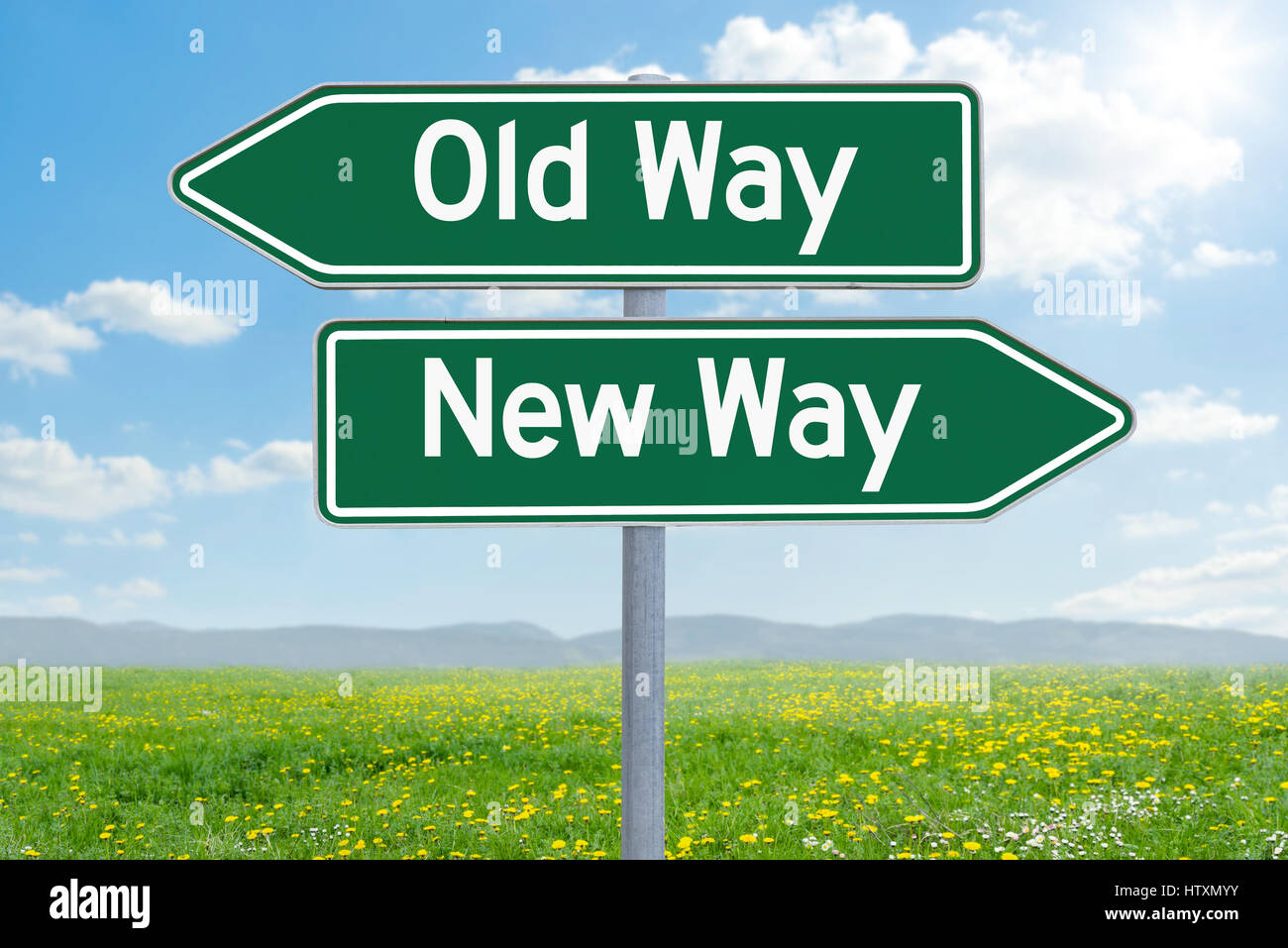 Two green direction signs - Old Way or New Way Stock Photo: 135811535