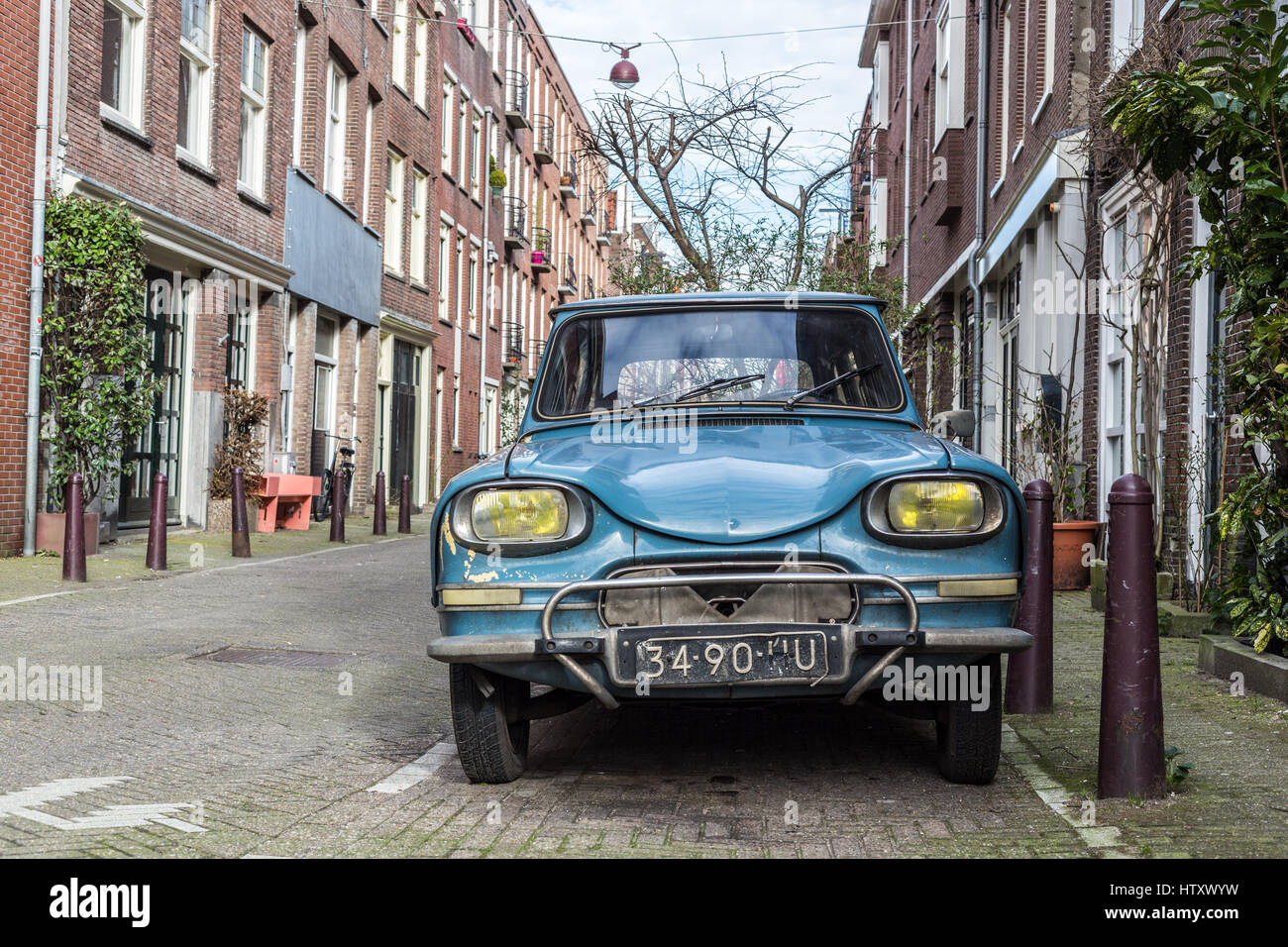 Front view on an old blue Citroen Ami 6 Break parked in the Laurierstraat in Amsterdam Stock Photo