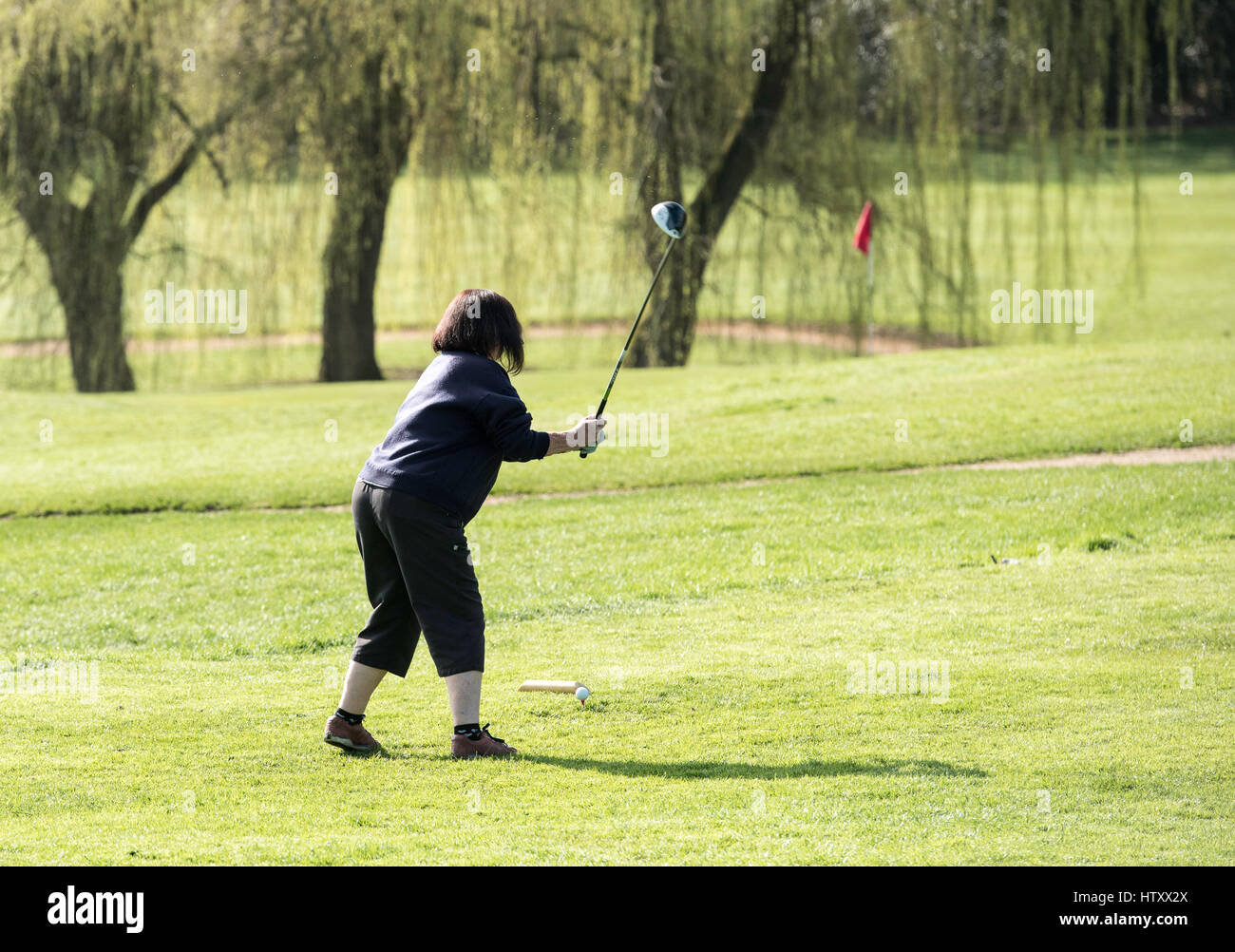 Senior lady golfer takes a swing Stock Photo
