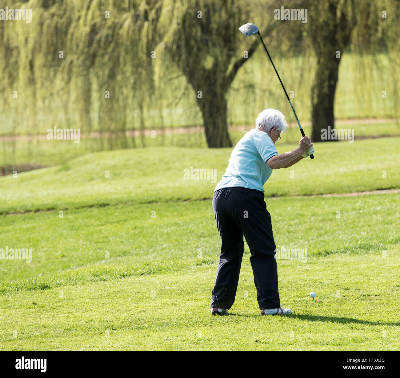 Senior lady golfer takes a swing Stock Photo