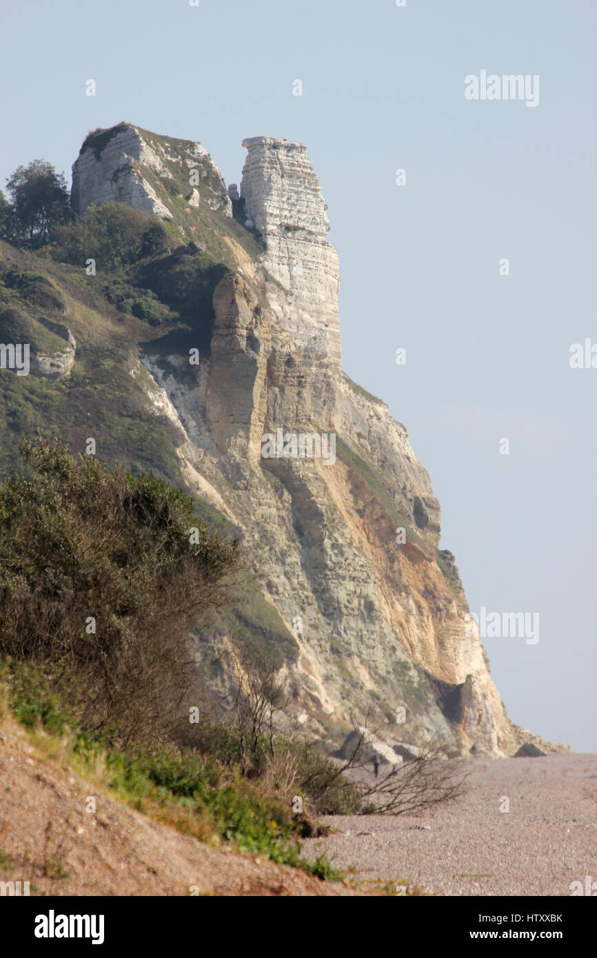 The Pinnacles at the Hooken cliff landslide, Beer, Devon, taken from Branscombe beach on a sunny day with blue sky Stock Photo