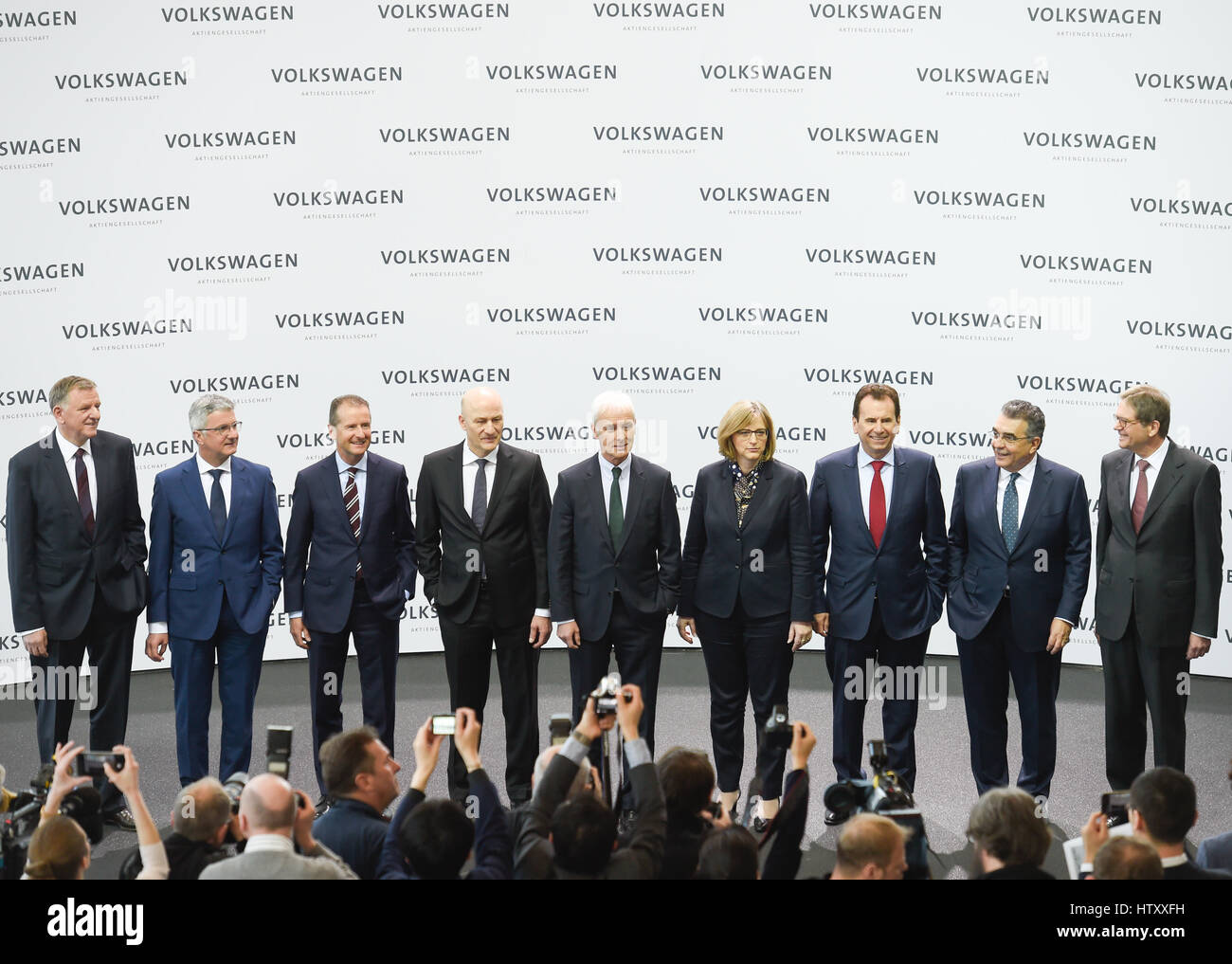 Matthias Mueller, Matthias Müller, CEO of German carmaker Volkswagen and his board members are seen during news conference at the companies headquarte Stock Photo
