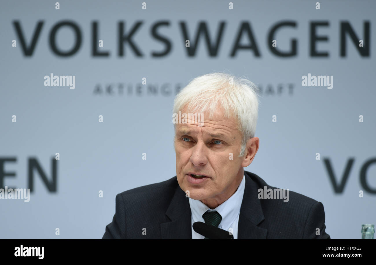 Matthias Mueller, Matthias Müller, CEO of German carmaker Volkswagen is seen during news conference at the companies headquarter in Wolfsburg, March14 Stock Photo