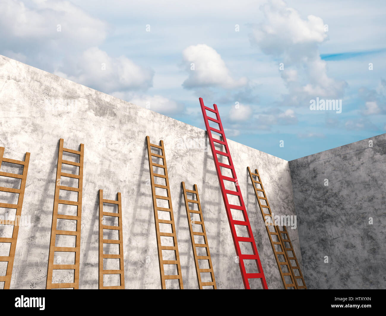 leadership concept with 3d rendering red ladder among brown ladders