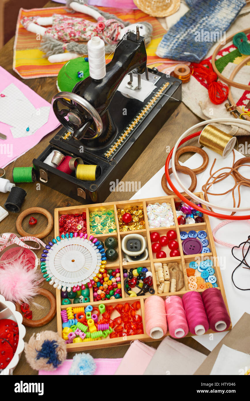 sewing accessories top view, seamstress workplace, many object for ...