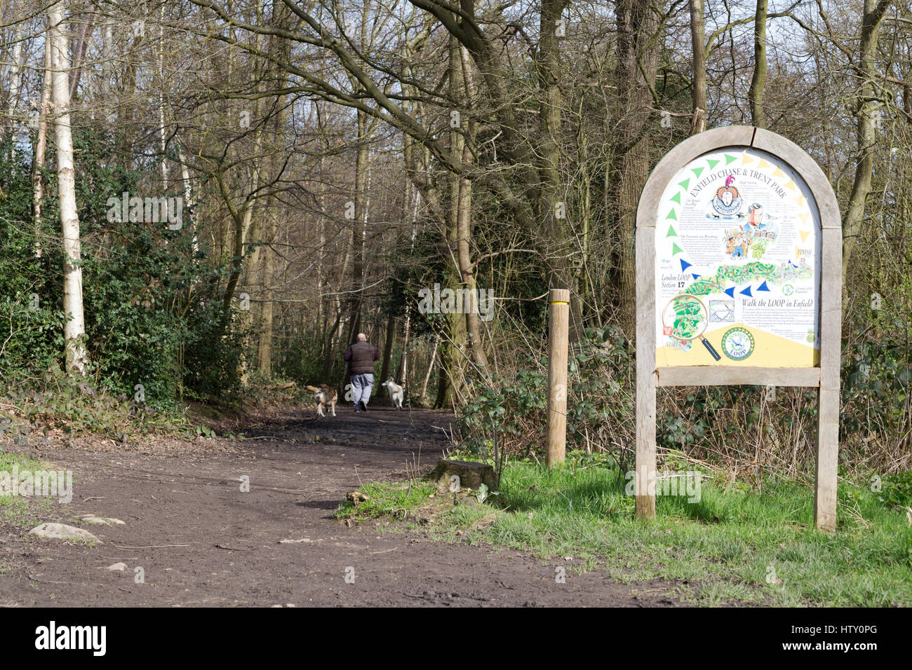 A man and his two dogs set off down part of the London Loop footpath at Trent Country Park. Stock Photo