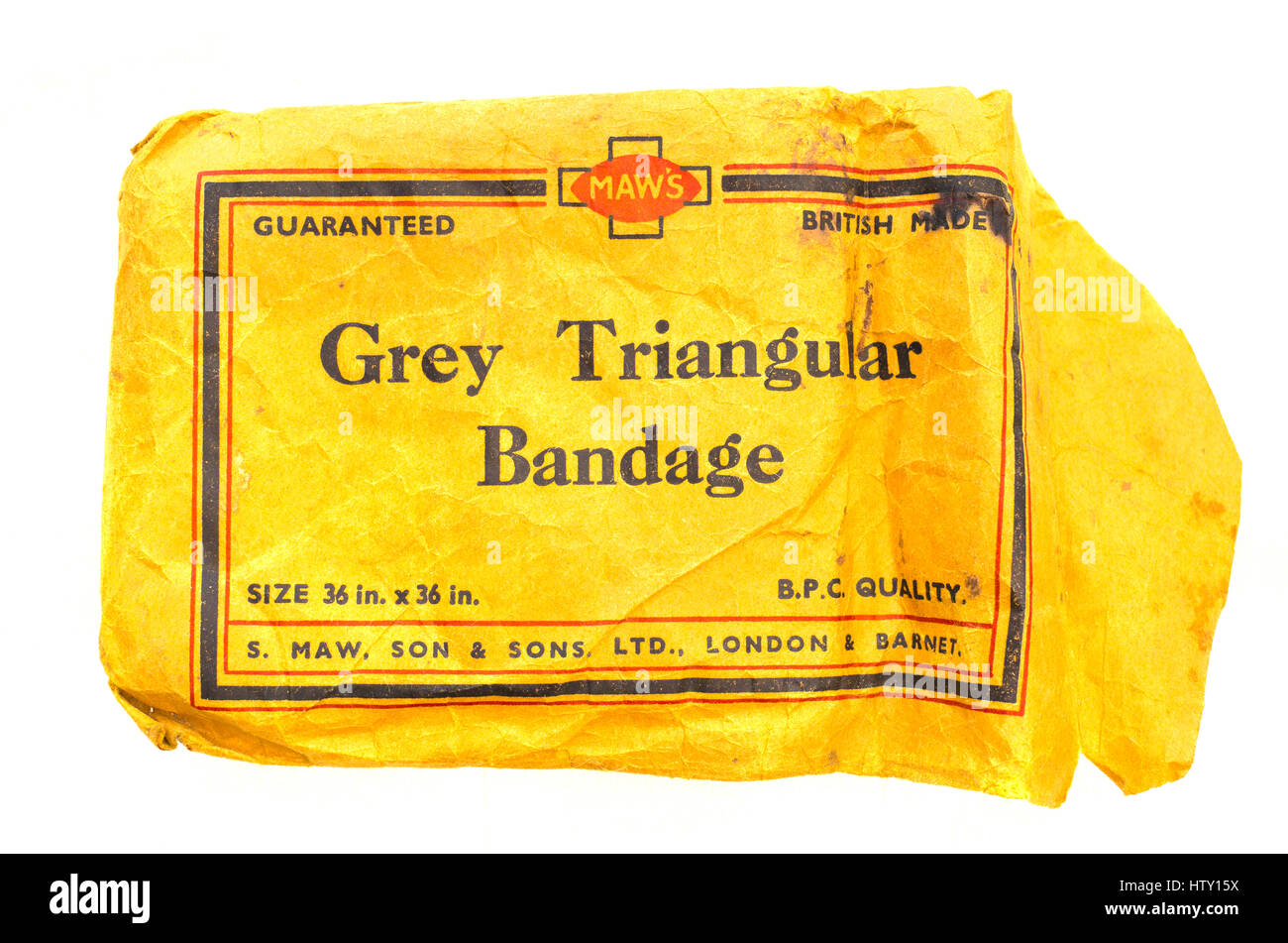 Old grey triangular bandage in original package dating from the 1940s Stock Photo