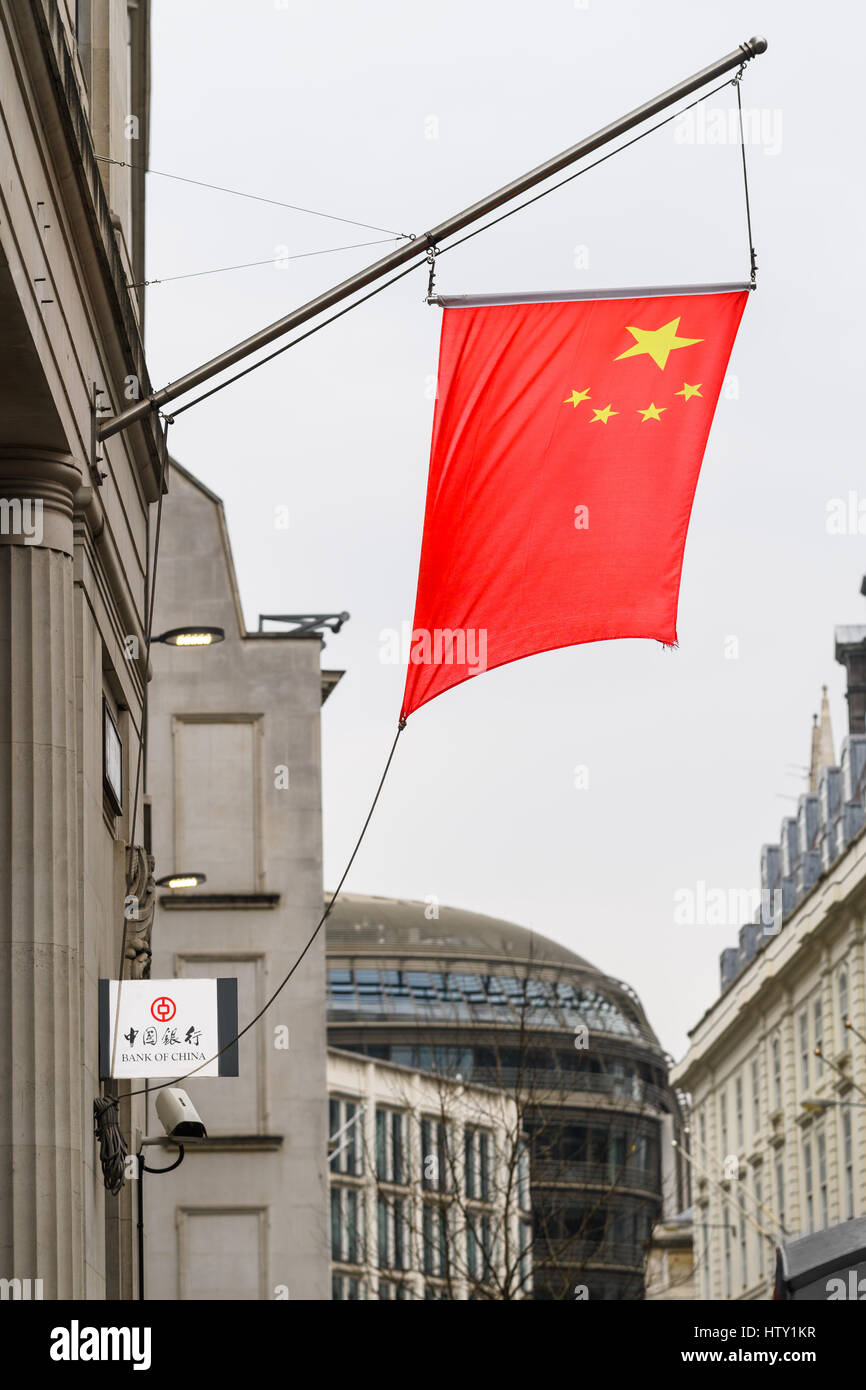 Chinese flag outside the Bank of China, London. Stock Photo