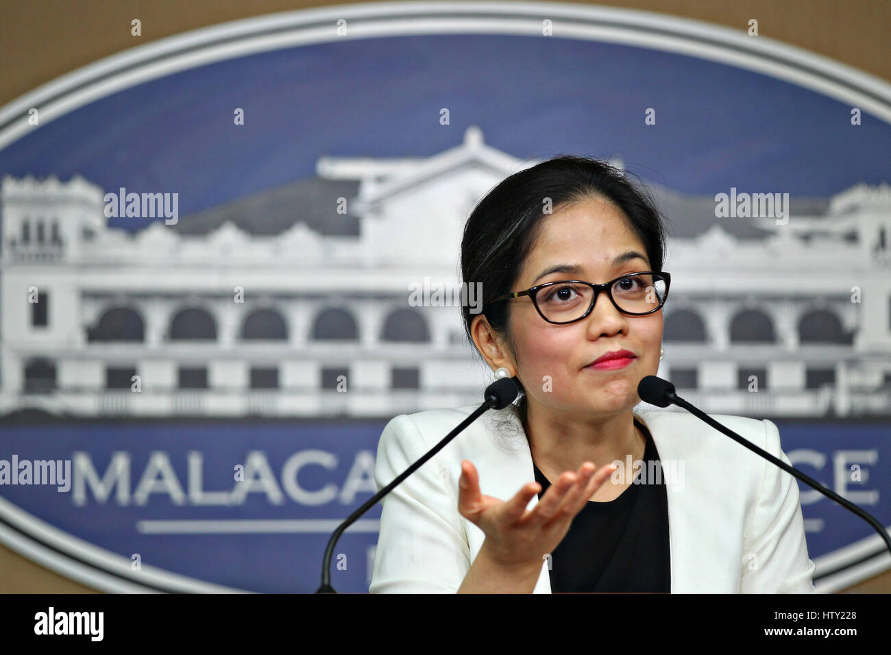 Philippine Climate Change Commissioner Frances Veronica Victorio during a press conference at the Malacanang Palace March 14, 2017 in Manila, Philippines. Victorio announced that a 2-degree Celsius rise in temperature will put 98 percent of the coral reefs in the Philippines at risk. She also emphasizes that the Philippines only contributes one-third of 1 percent of yearly global emissions. Stock Photo