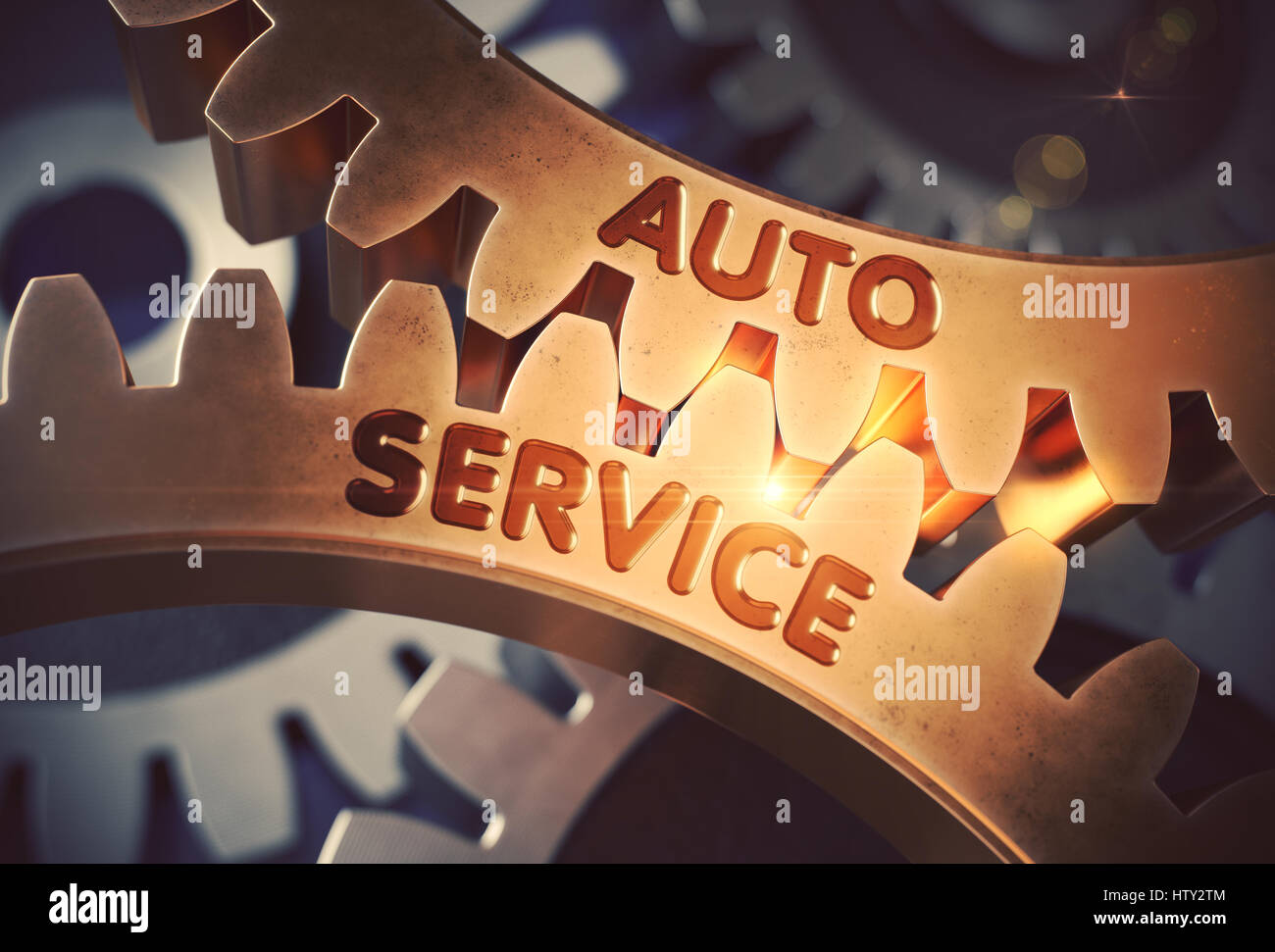 Golden Cog Gears with Auto Service Concept. 3D Illustration Stock Photo