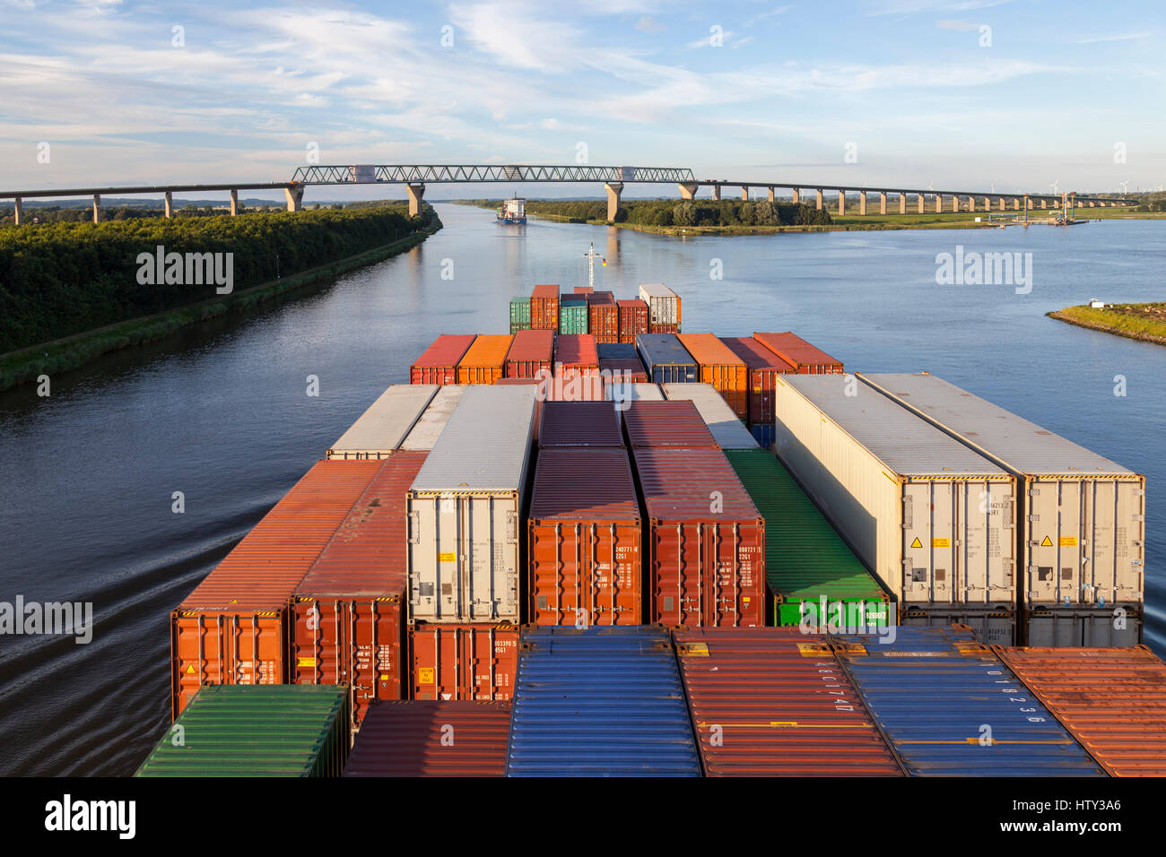 Containership on Kiel Canal, Germany Stock Photo