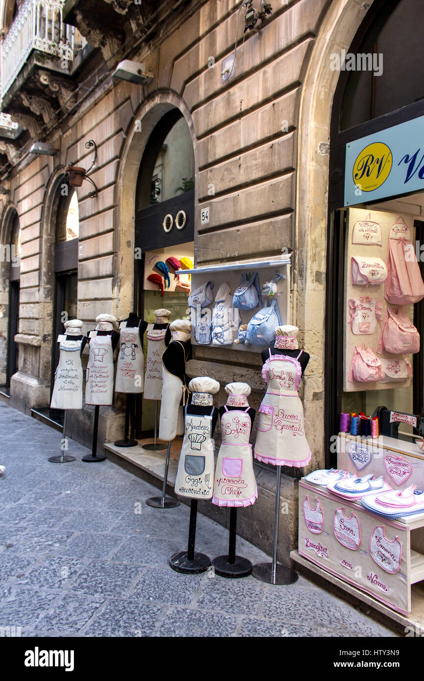 Store selling cook uniforms for kids and babies, with embroidery names, Siracusa, Italy. Stock Photo