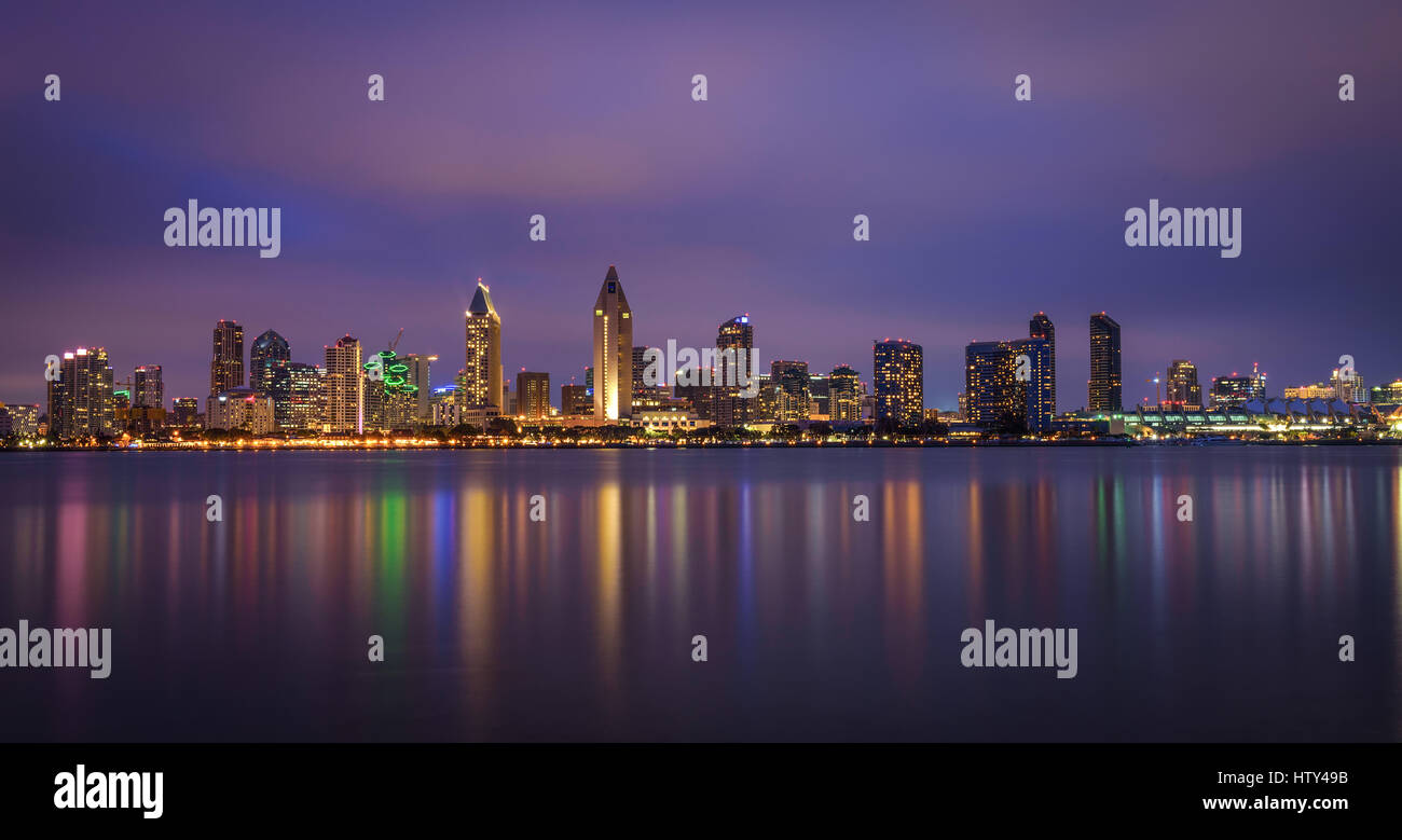 Night skyline of San Diego downtown, California. Long exposure. Stock Photo