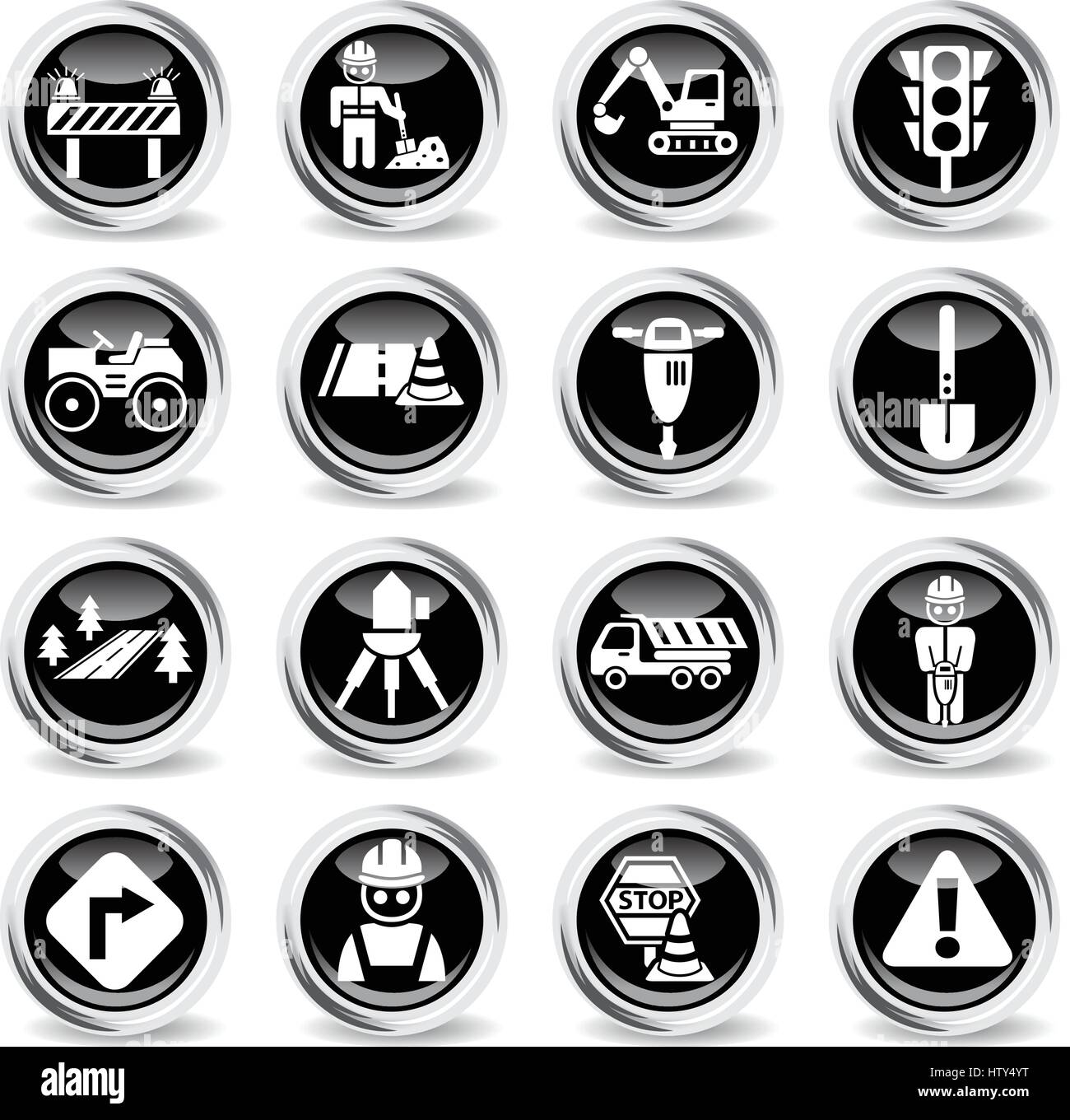 road repairs icons on stylish round chromed buttons Stock Vector