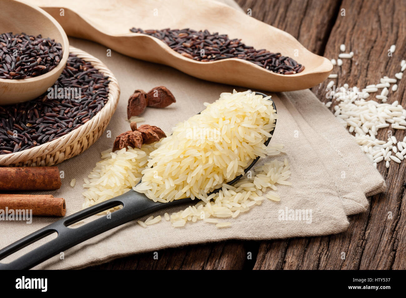 different rice varieties in the kitchen, healthy eating Stock Photo