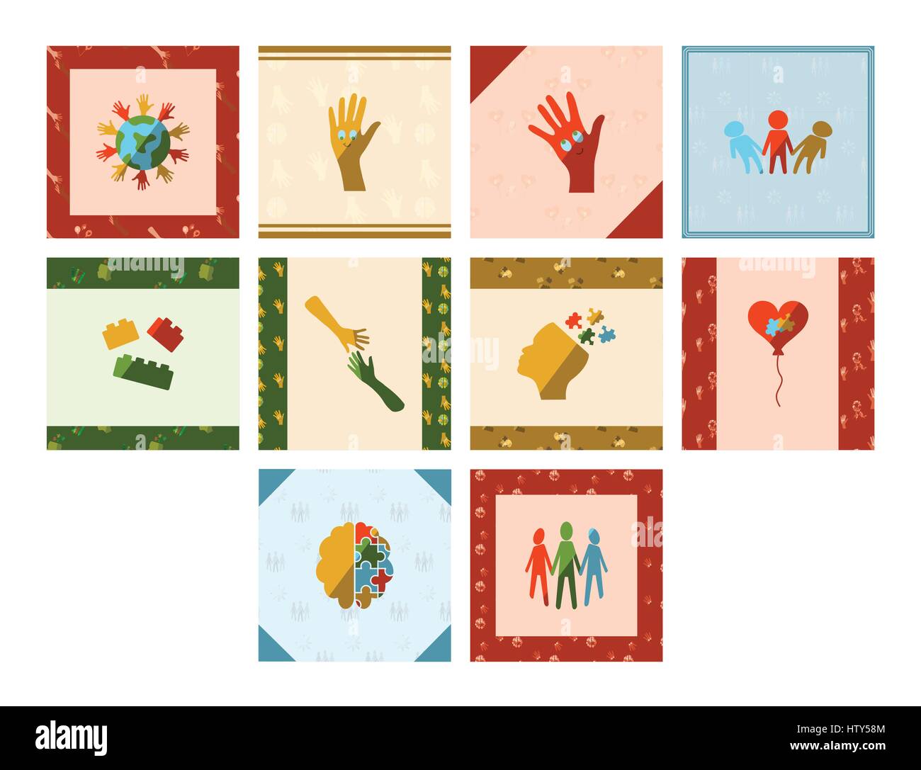 Vector icon set of getting cards with autism symbols against white ...