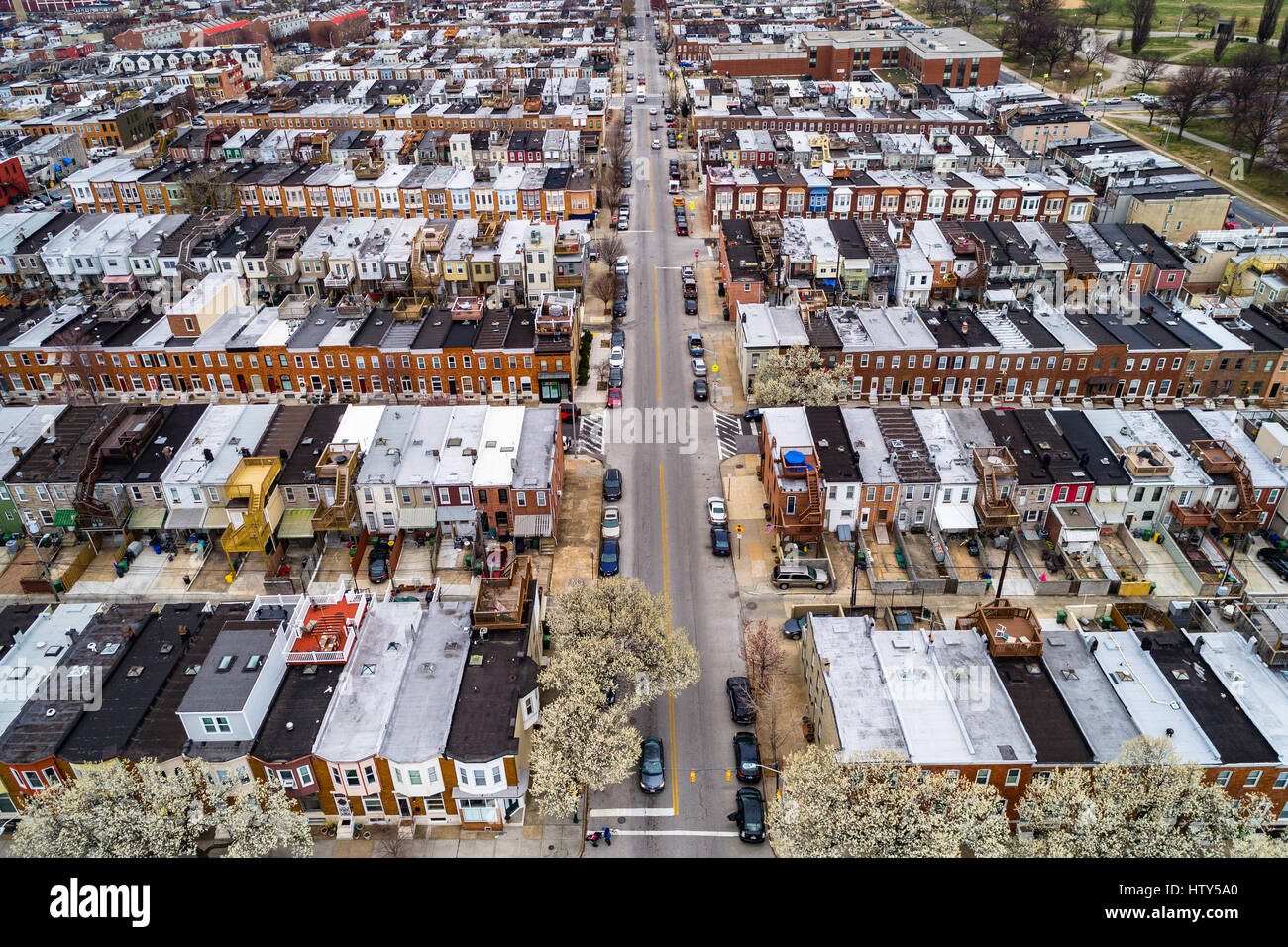 Aerial view of the Patterson Park neighborhood, in Baltimore, Maryland. Stock Photo