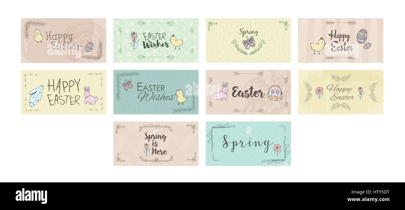 Vector icon set of greeting cards with easter and spring messages ...