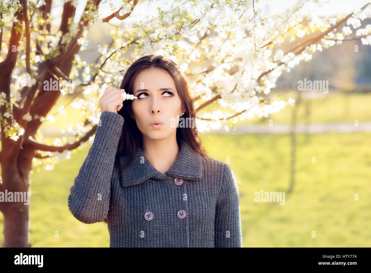 Woman with Spring Allergies Using Eye Drops Stock Photo Alamy