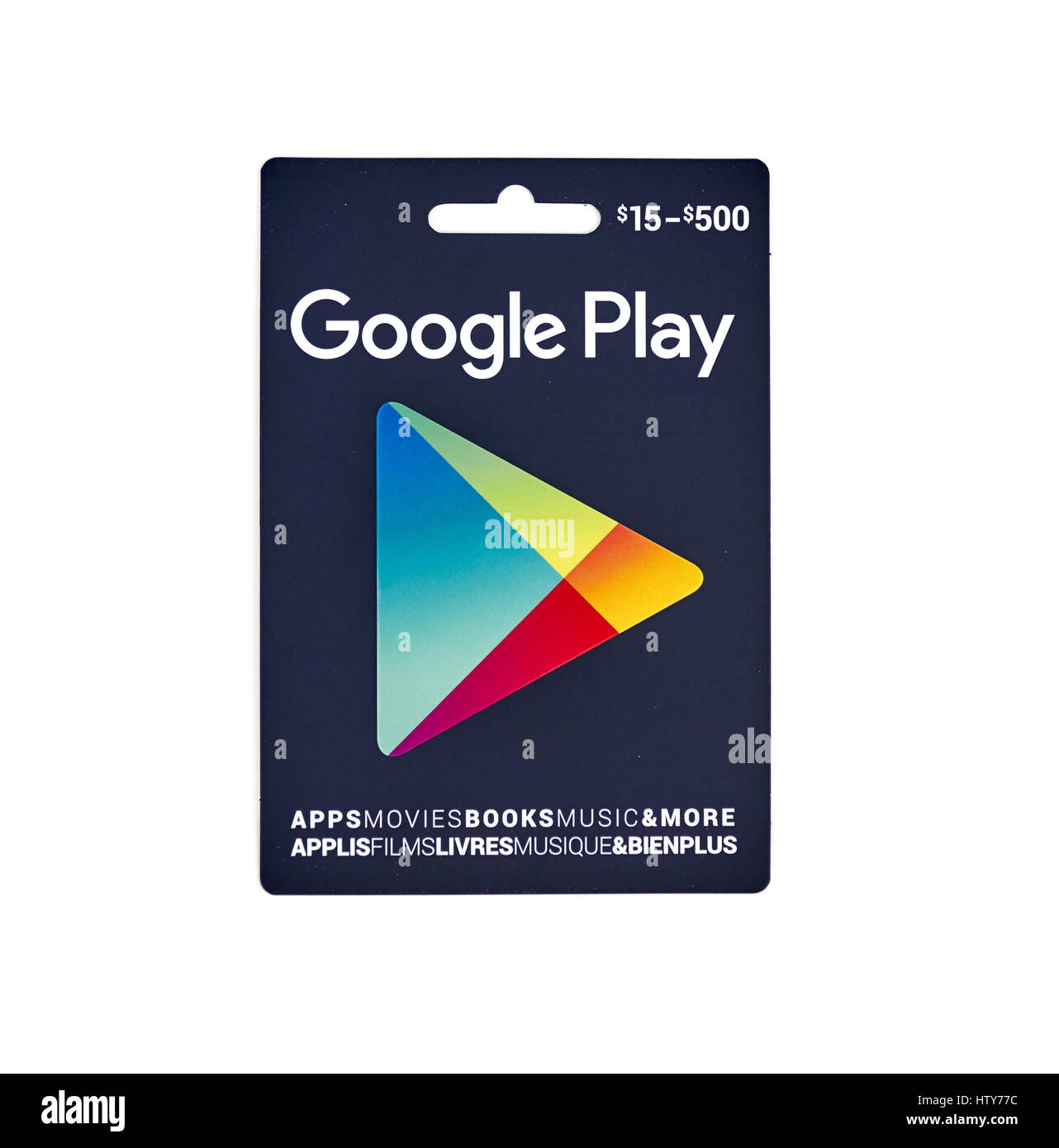 MONTREAL, CANADA - MARCH 10, 2017 : Google Play popular giftcard. The card is a prepaid stored-value money card issued to be used as an alternative to Stock Photo