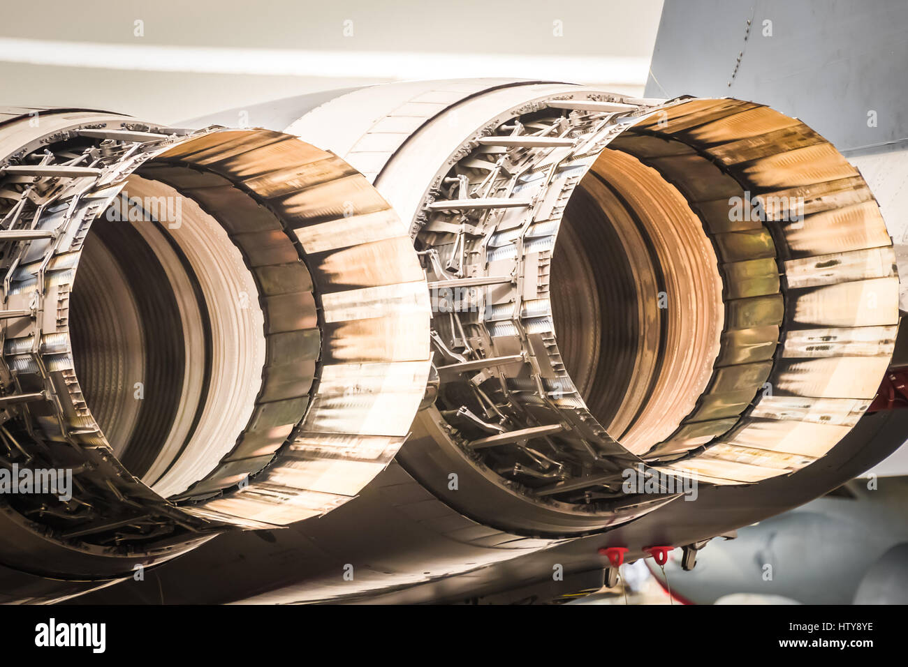 abstract closeup of military fighter jet engine thrust cowlings Stock Photo
