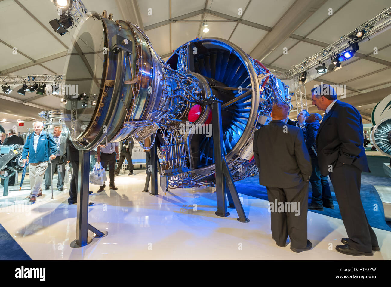 An exhibition by Rolls-Royce of the Boeing 787 power unit - the Trent 1000 jet engine at the Farnborough Airshow, UK on July 12, 2012 Stock Photo