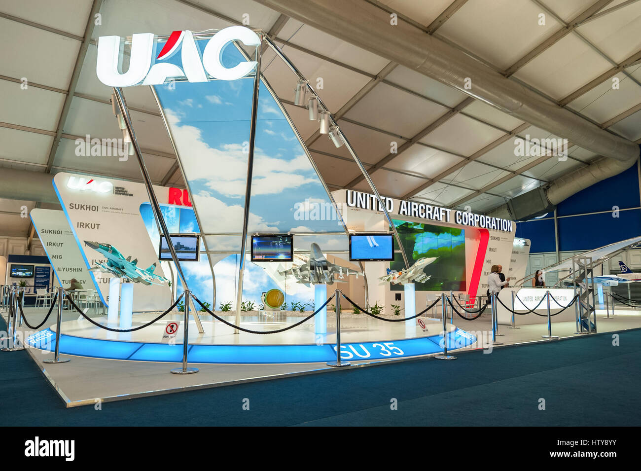 The United Aircraft Corporation (UAC) exhibition stand representing the Russian aviation industry at Farnborough Airshow. Stock Photo