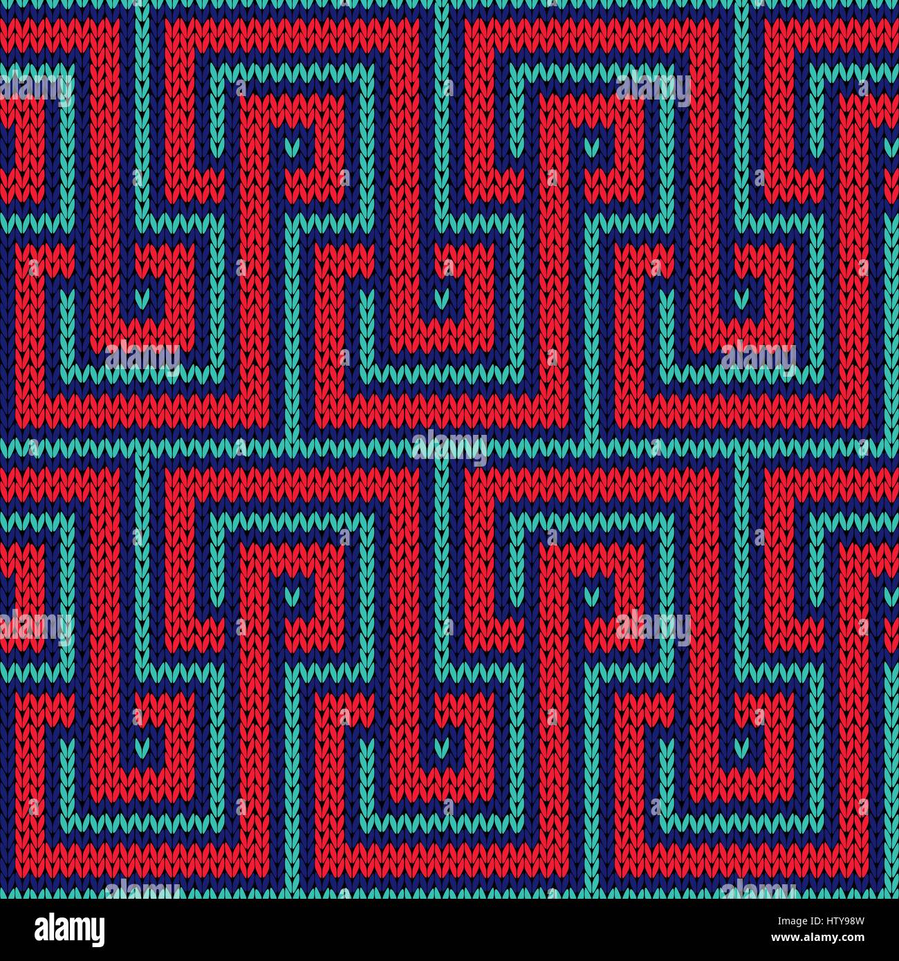 Knitting seamless vector pattern with ornamental strips in red and blue ...